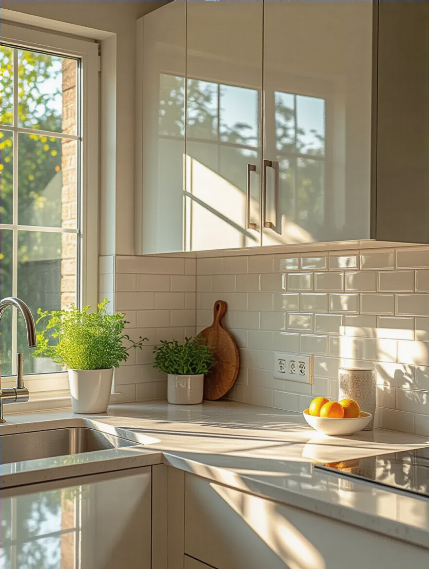 Vertical shot of a small kitchen featuring a high-gloss reflective backsplash brightening the space.