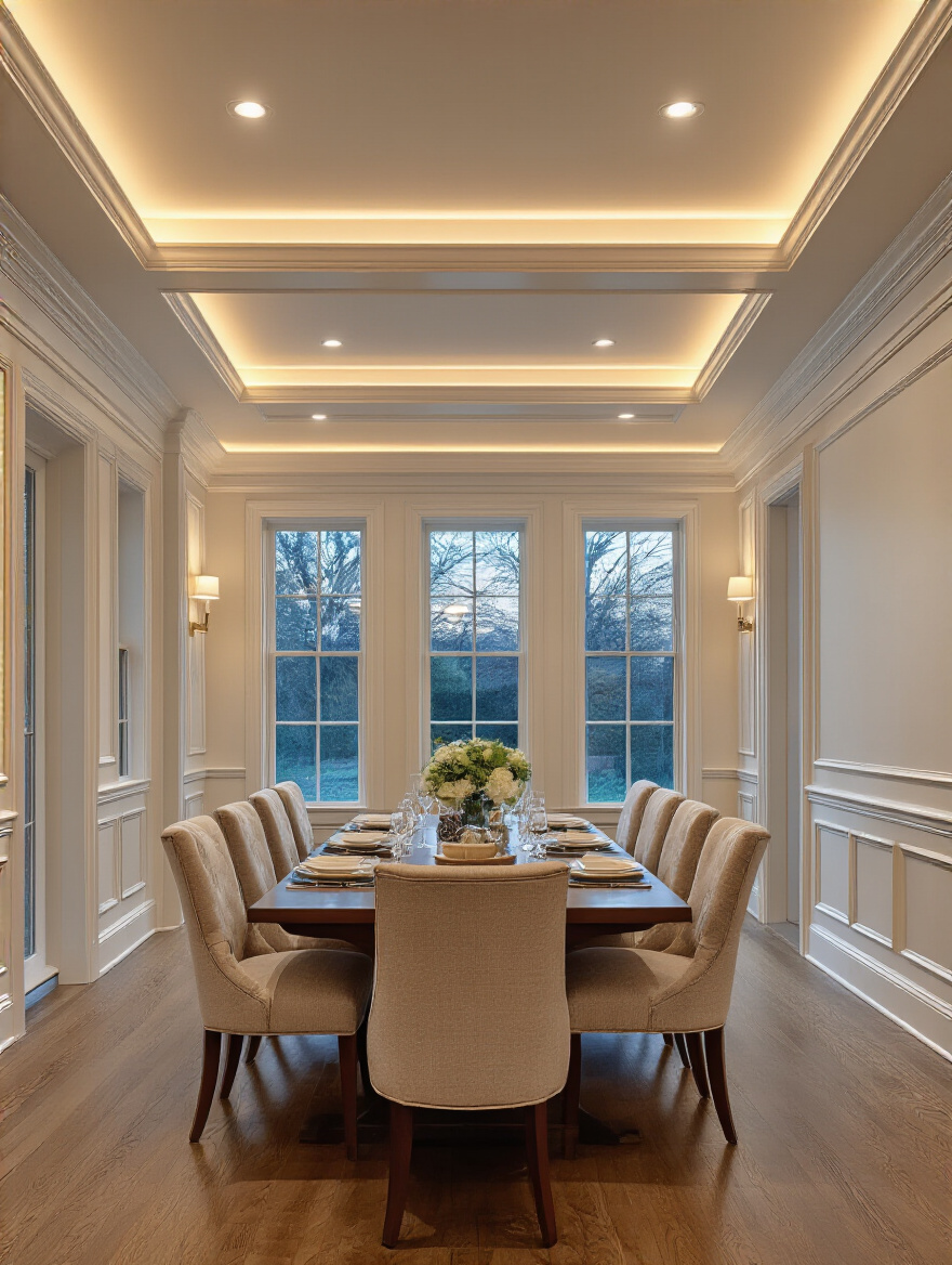 Dining room with subtle uplighting washing a tray ceiling and crown molding, no people, warm ambient glow, elegant table setting.