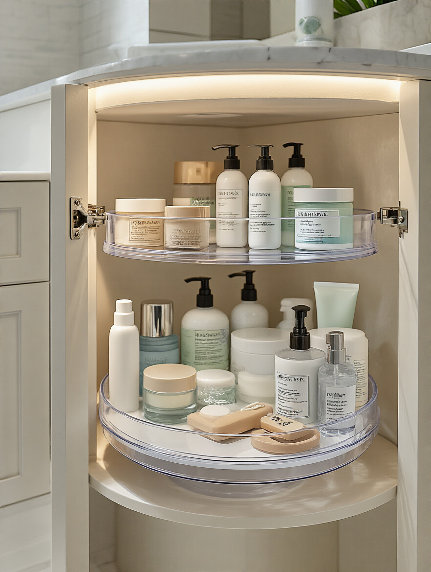 Clear plastic turntable organizing bathroom toiletries inside a corner cabinet with efficient use of space
