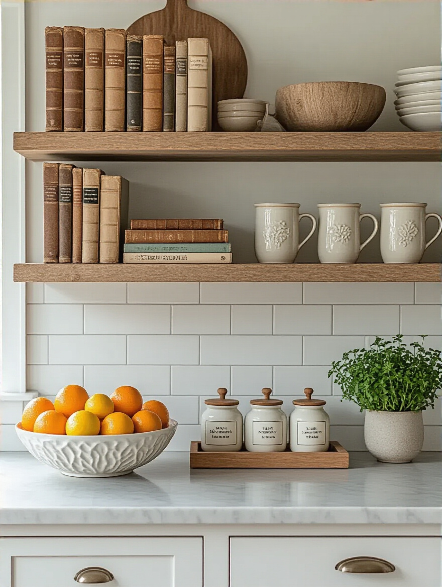 A beautifully styled kitchen with personalized decor, featuring open shelves with curated items like vintage cookbooks and ceramic mugs, a sculptural fruit bowl on the counter, and decorative cutting boards, emphasizing thoughtful kitchen accessories.