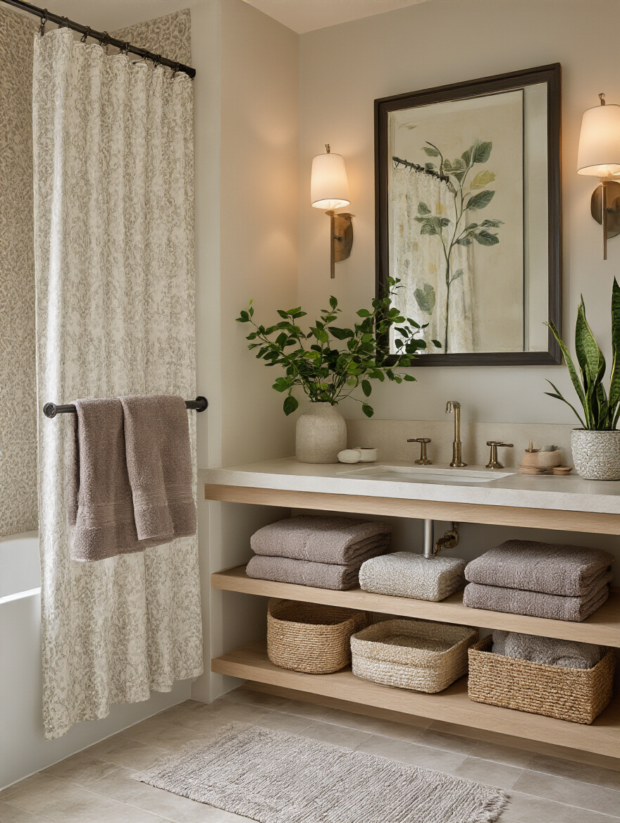 Vertical spa-like bathroom featuring textiles, art, and greenery for personalized comfort.