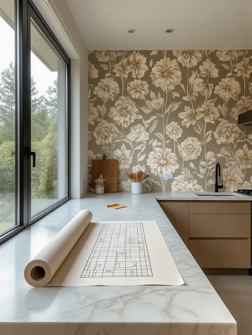 Modern kitchen wallpaper with pattern alignment planning