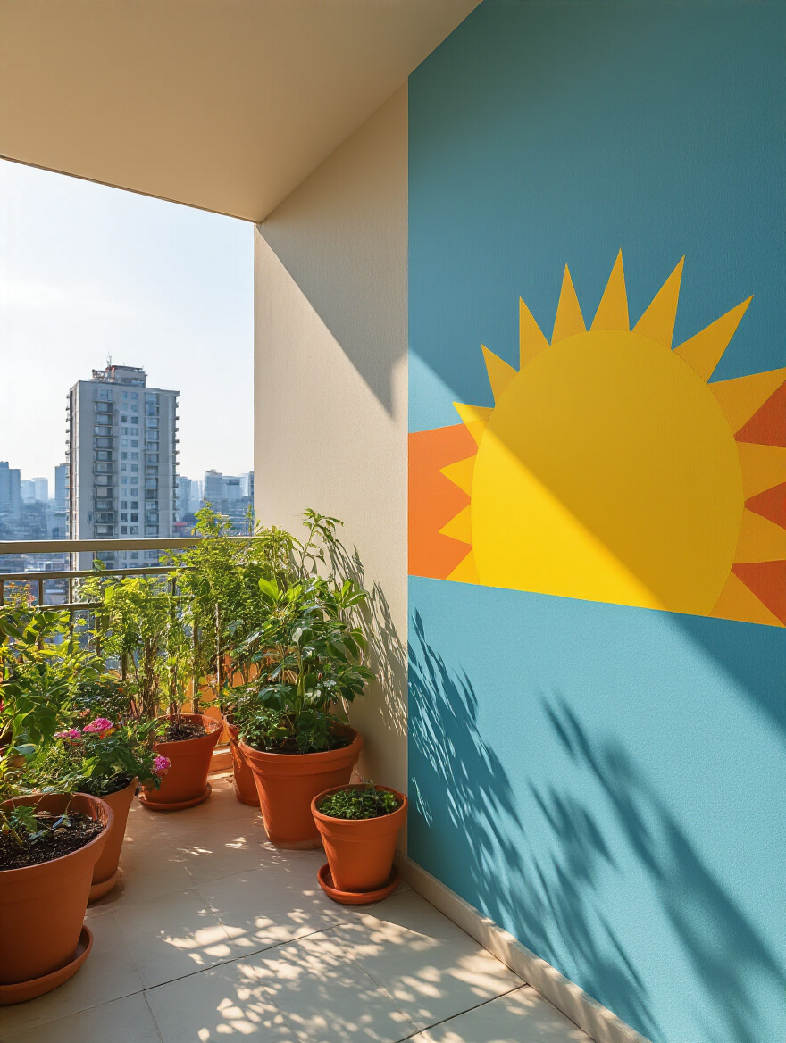 Portrait of an urban balcony with unlabelled sun exposure zones and potted plants