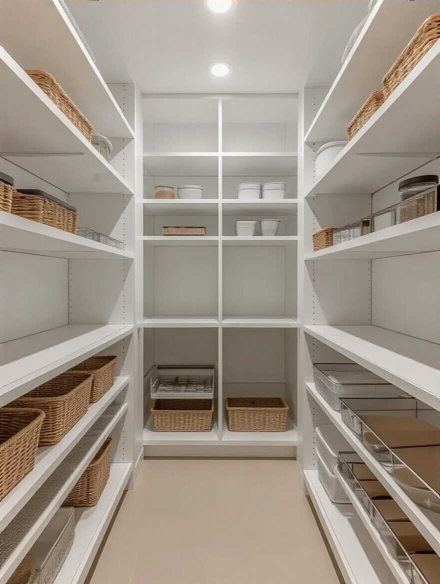 Empty, clean, modern kitchen pantry interior with precise shelves, emphasizing accurate pantry measurements for organization.