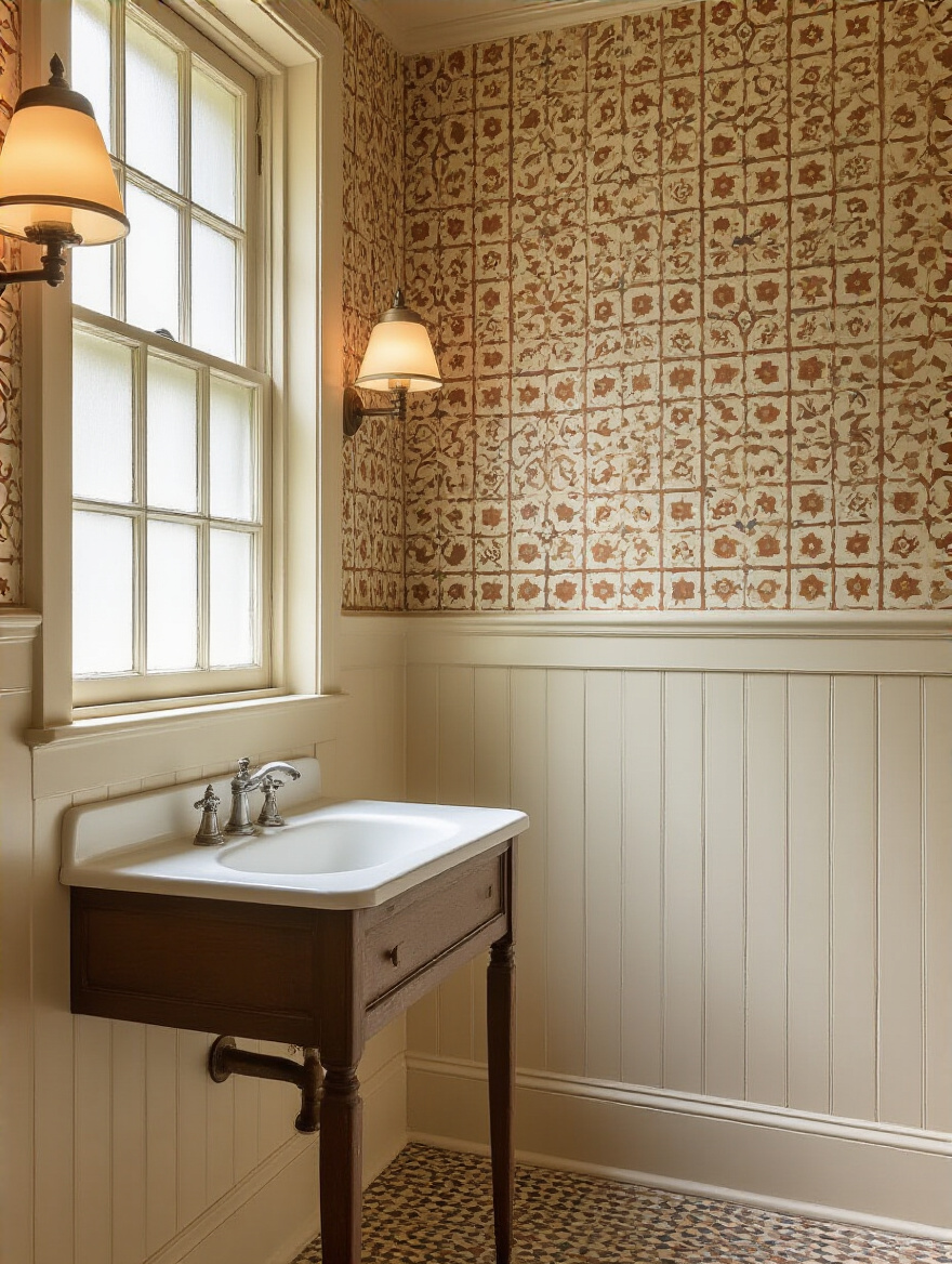 Vintage bathroom with matched wallpaper pattern repeats and seamless seams