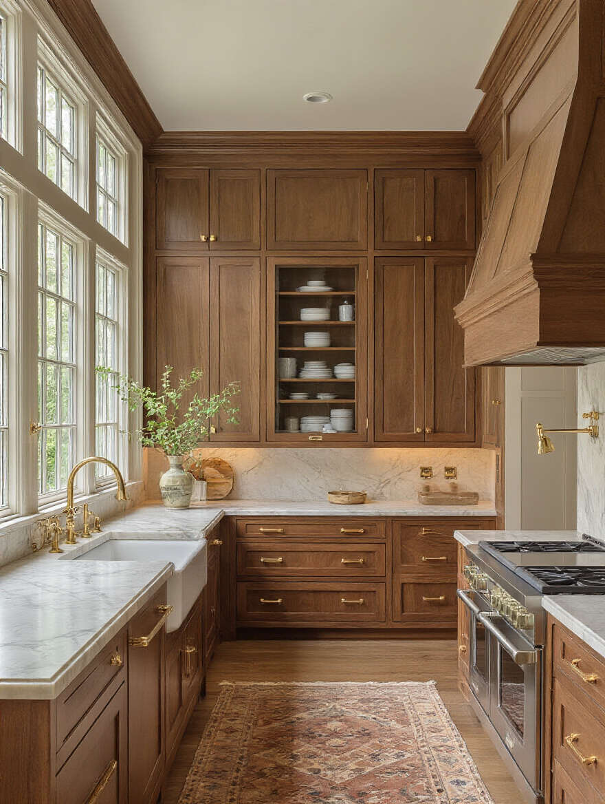 Portrait of a traditional kitchen with warm wood cabinetry and discreet smart features.