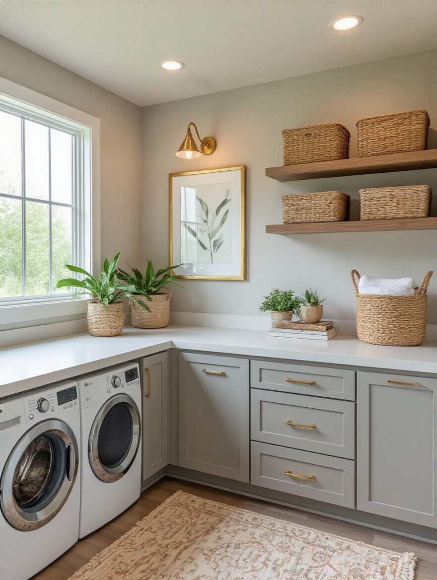 Vertical shot of a styled laundry room with decor touches and greenery for ambiance