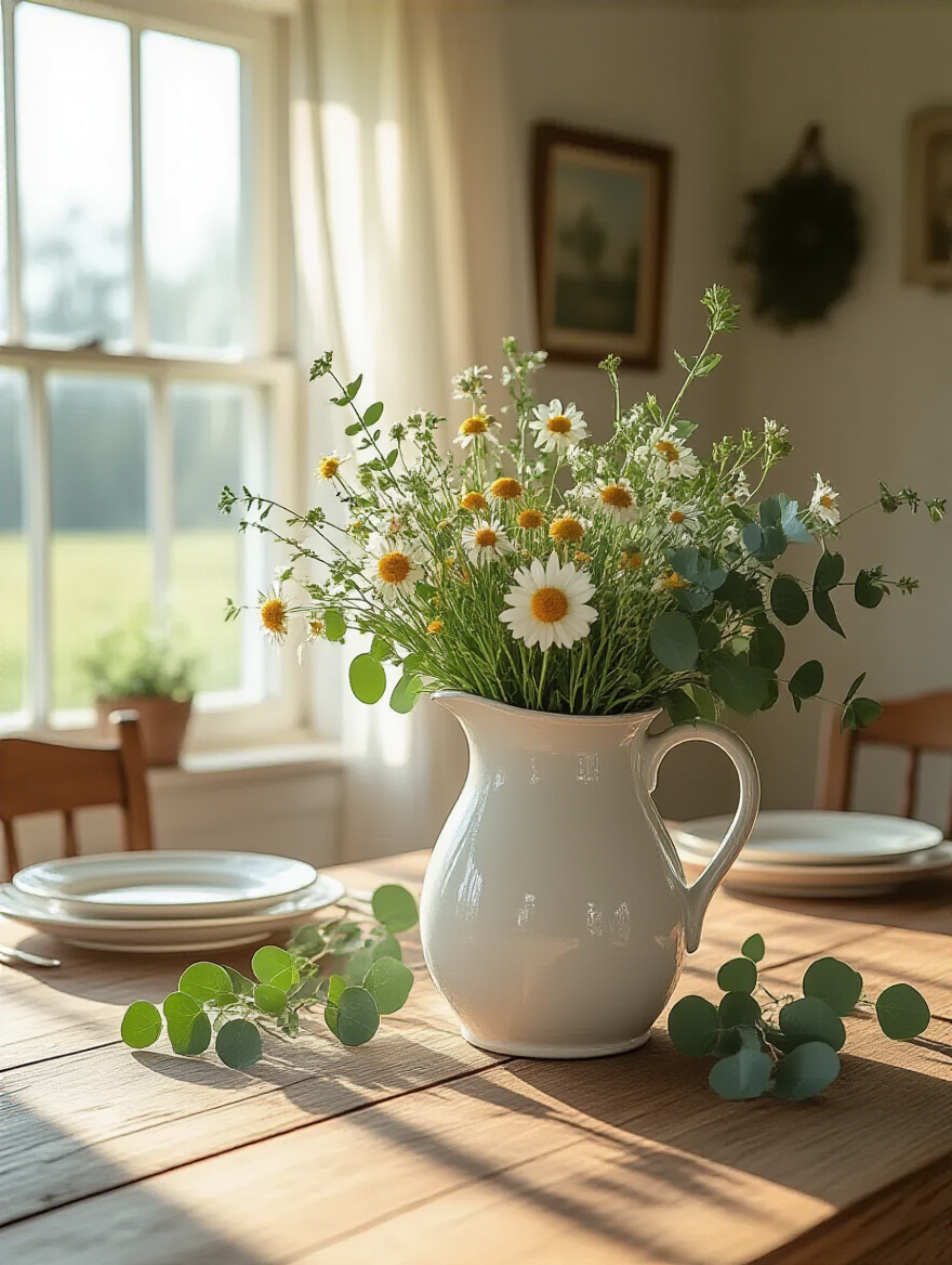 Rustic farmhouse dining table centerpiece with a white ceramic pitcher holding farm-fresh wildflowers and eucalyptus, bathed in soft window light.