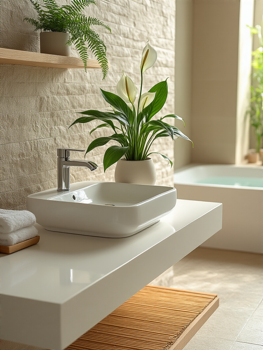 Modern bathroom vanity with a peace lily and fern, promoting a spa-like feel with natural greenery and soft lighting.