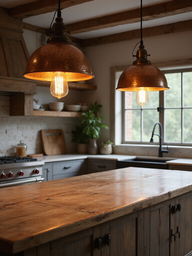 Two hand-hammered copper pendant lights illuminating a rustic distressed oak kitchen island in a warm, inviting kitchen setting.