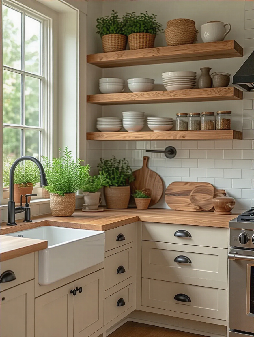Portrait of a kitchen highlighting hardware and open shelving