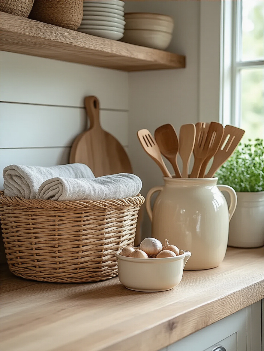 Wicker baskets and ceramic crocks for farmhouse kitchen storage, organized with utensils and produce on an open shelf.