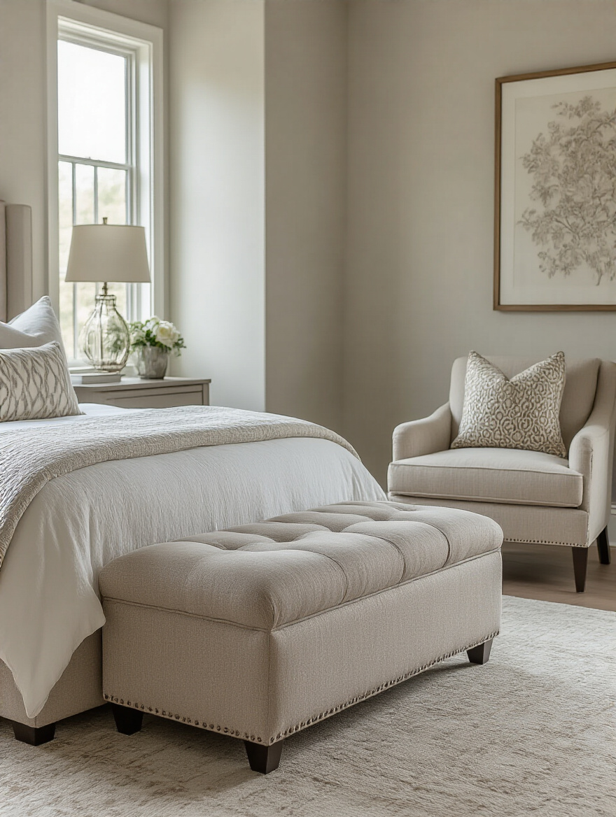 Elegant bedroom with an upholstered bench at the foot of a bed, an accent chair in a corner with a side table, and a decorative ottoman, showcasing comfortable and functional smart seating arrangements.