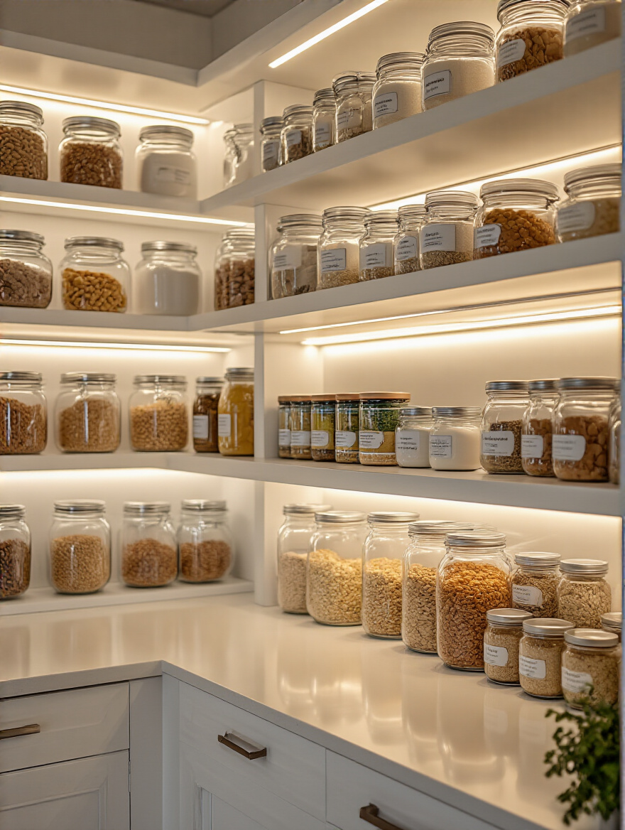 Close-up of a well-lit kitchen pantry with under-shelf LED strip lighting illuminating organized shelves filled with clear jars, spices, and dried goods.