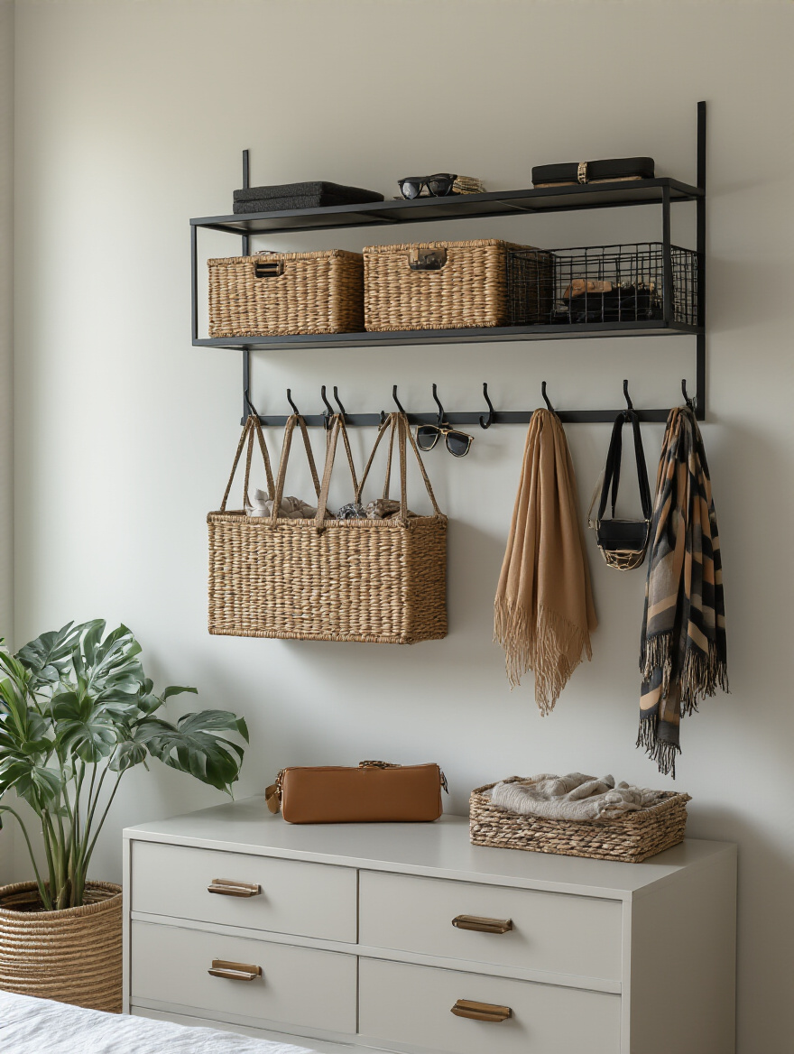 Bedroom wall with wall-mounted baskets and hooks organizing accessories and lightweight clutter; no people