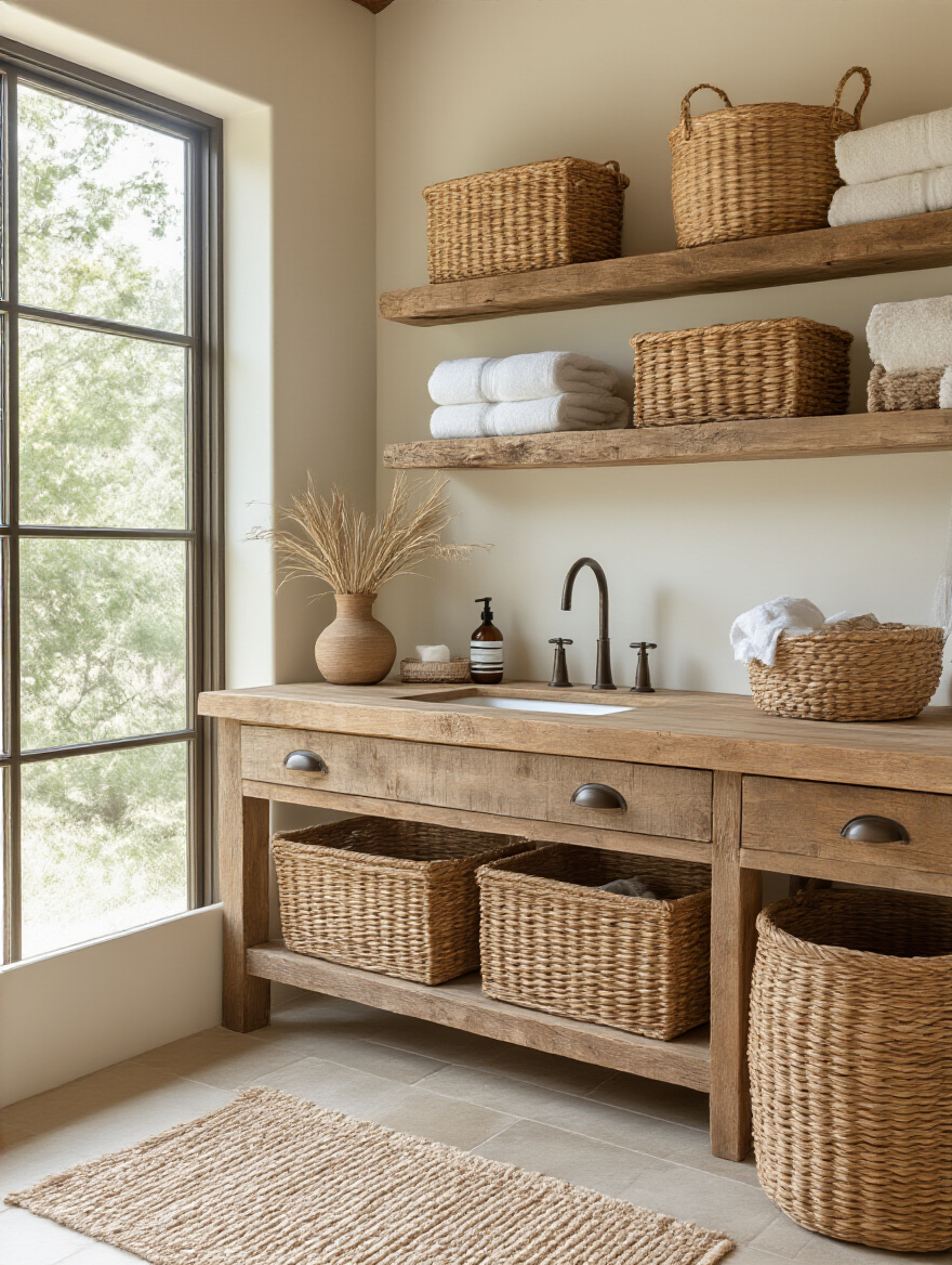 Rustic bathroom with woven baskets and caddies on a wood vanity.