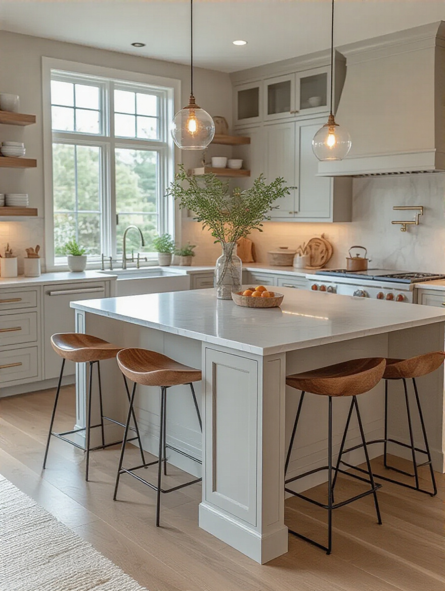 A modern kitchen featuring a large central island with sleek countertops, built-in storage, and bar stool seating, illuminated by bright natural light, showcasing an efficient kitchen layout.