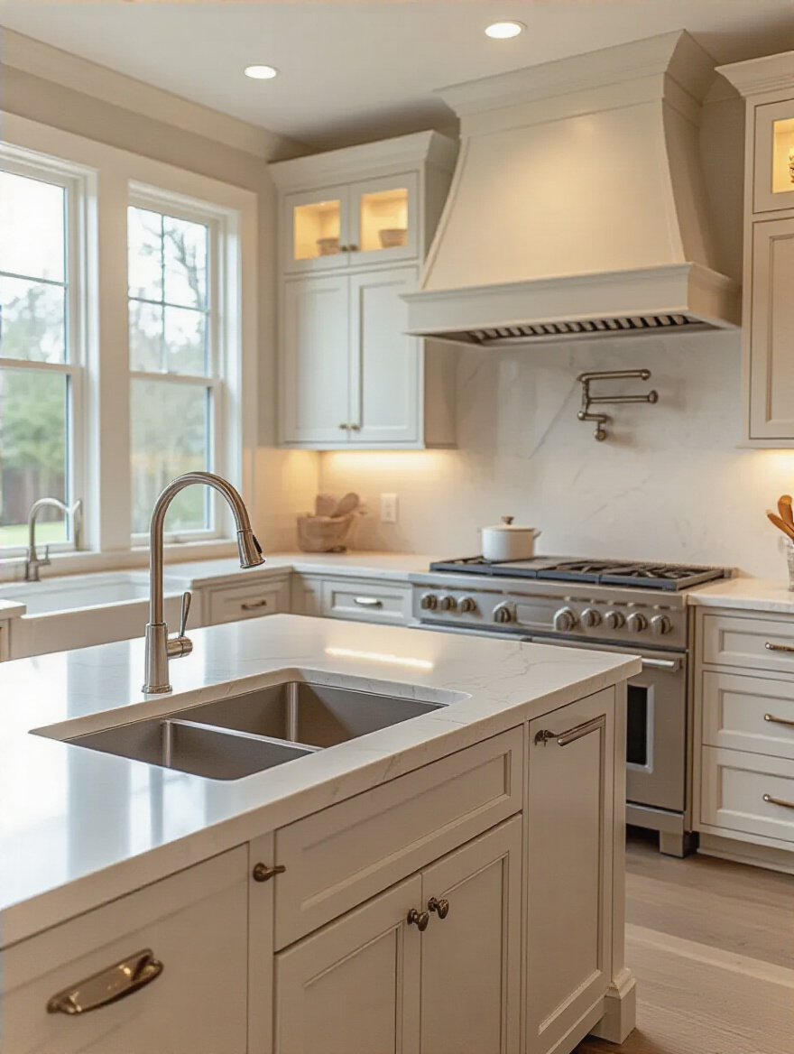 Portrait of a luxury kitchen featuring a professional-grade prep sink and wall-mounted pot filler