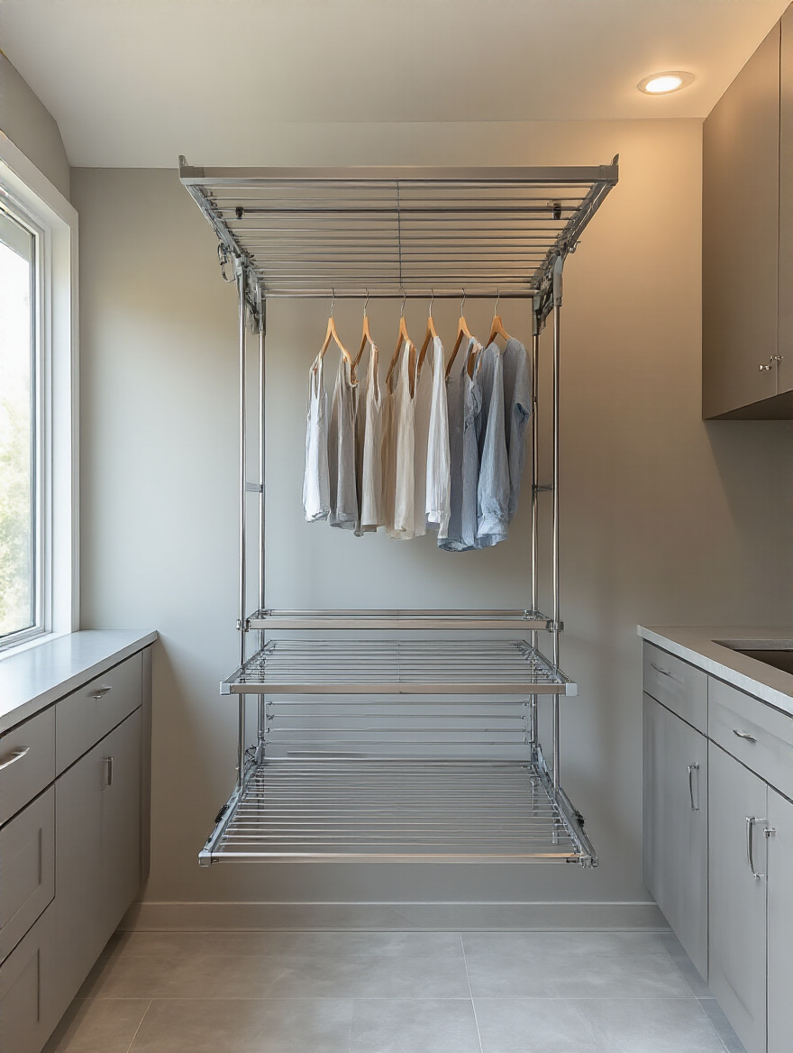 Portrait view of a wall-mounted retractable drying rack in a modern laundry room with delicates air-drying.