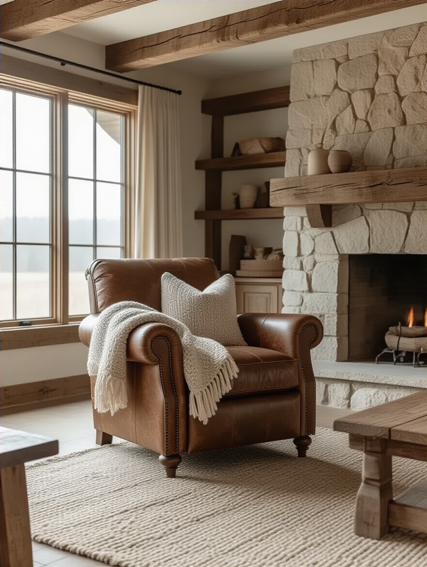 Portrait orientation of a living room with a statement rustic armchair as the focal point, featuring wood textures and warm lighting.