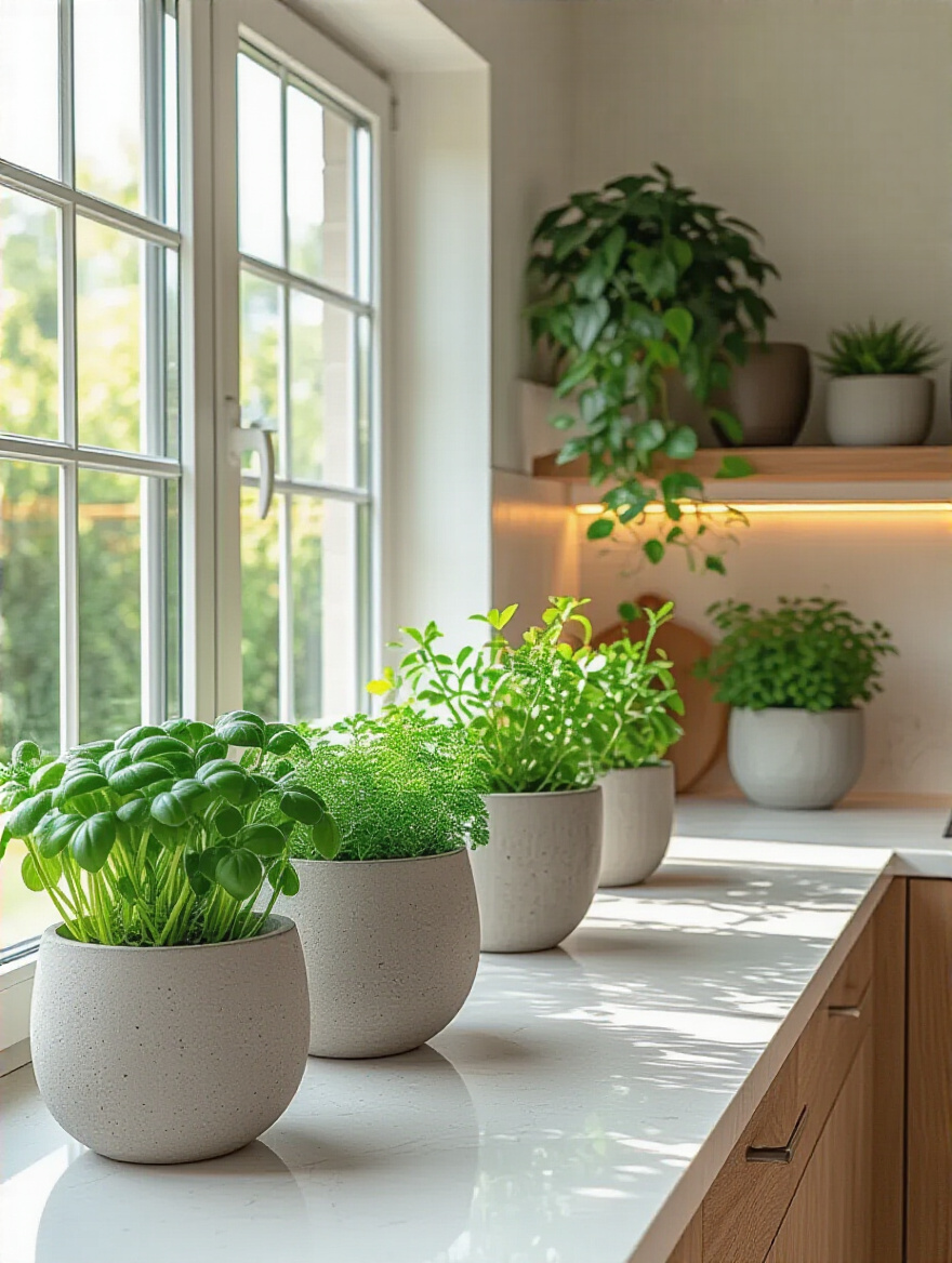 Portrait view of a modern kitchen with live greenery and artistic planters