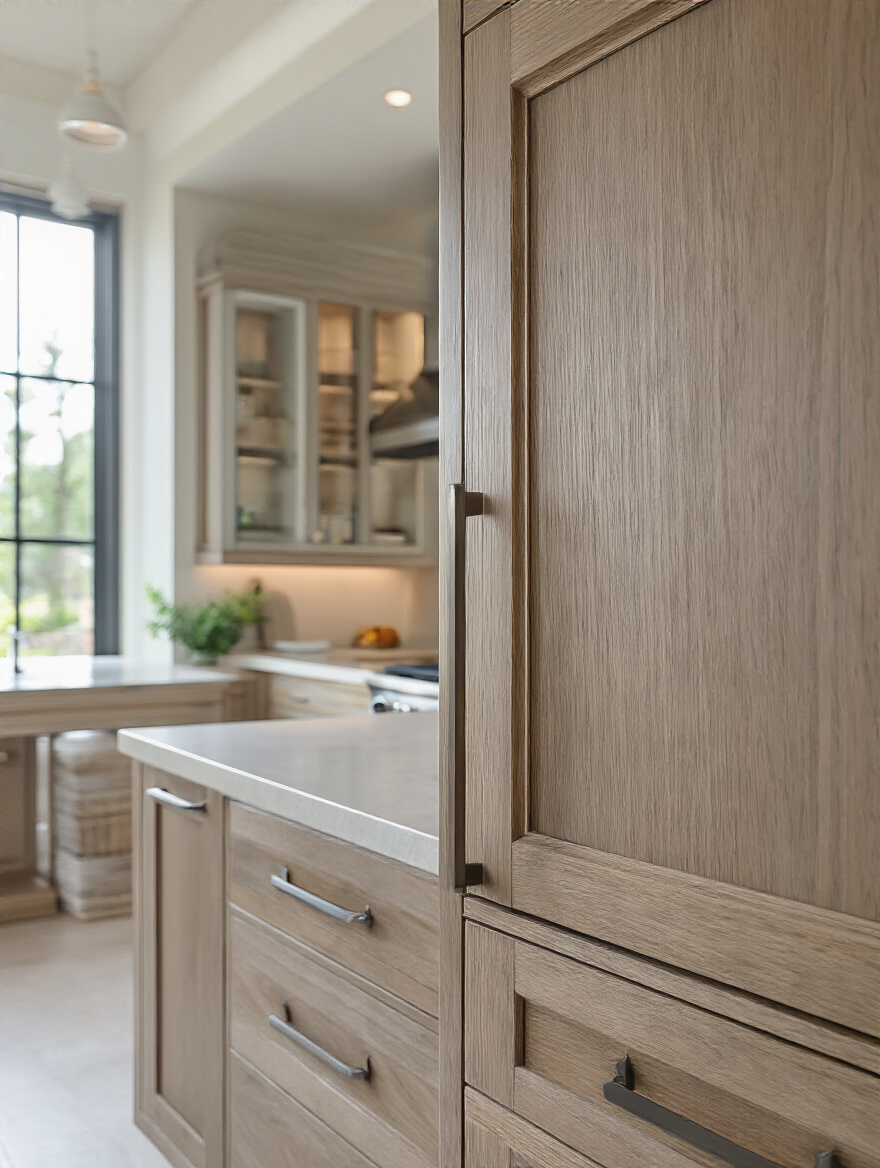 Portrait view of a modern kitchen cabinet showing a scratch being repaired.