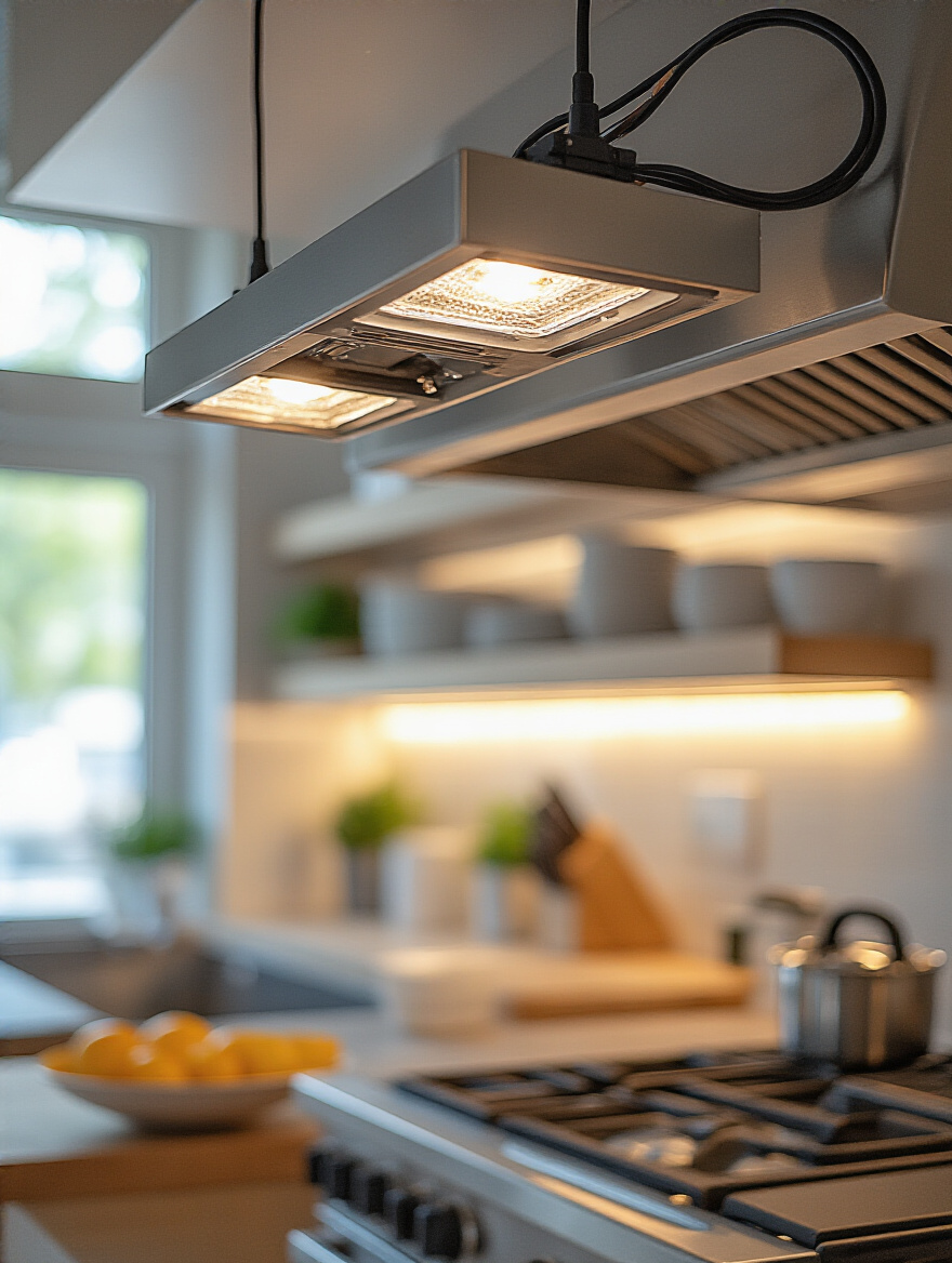 Portrait of a kitchen ceiling with a properly installed fixture and safe wiring