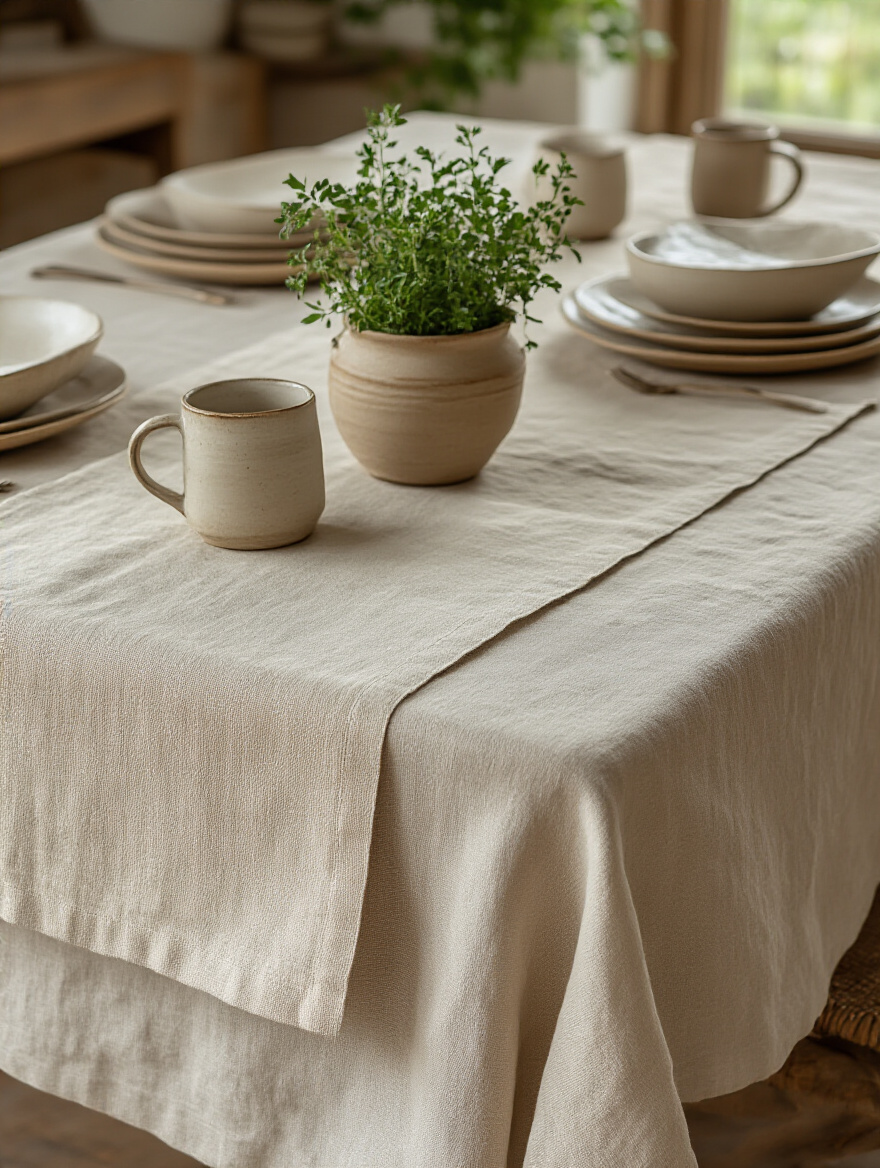 A farmhouse dining table featuring a layered white linen tablecloth and a soft neutral runner, adorned with simple pottery and a potted herb centerpiece, under warm natural light.