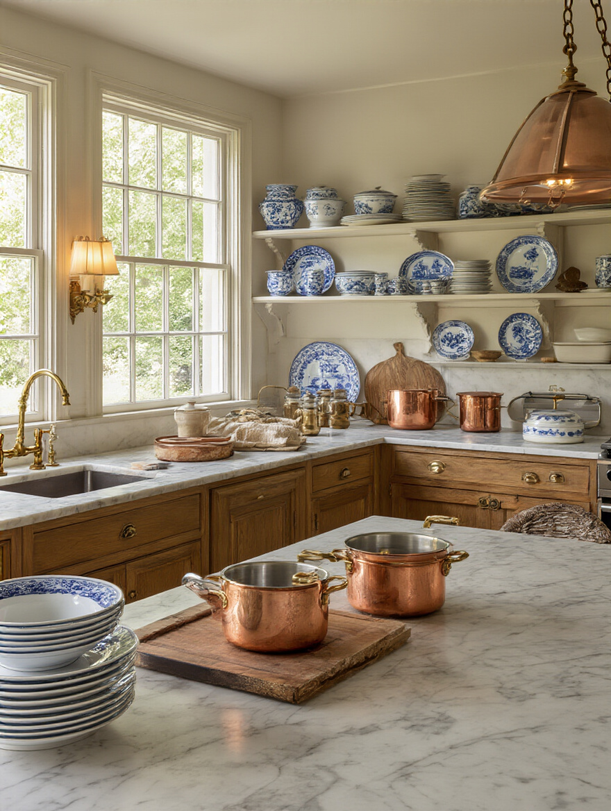 Traditional kitchen with period-appropriate decorative accents displayed on shelves and surfaces