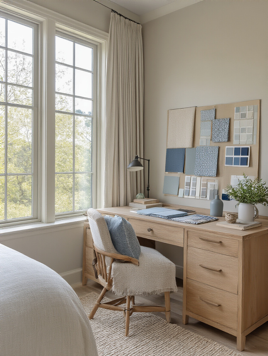 Portrait view of mood board and color palette analysis in a bedroom