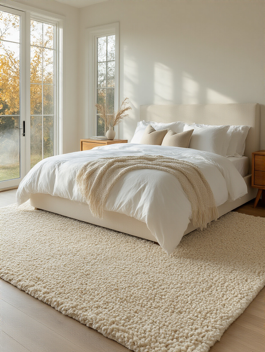 A large area rug perfectly positioned under a king-sized bed and nightstands in a modern bedroom, visually anchoring the furniture.