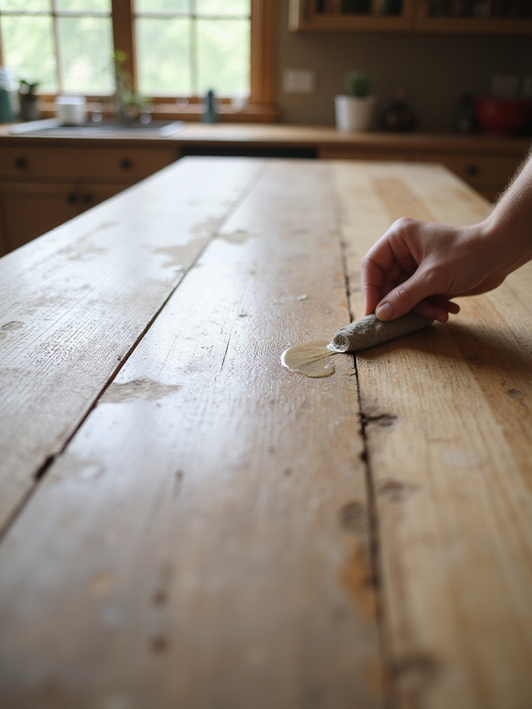 Close-up of a rustic wooden kitchen island countertop being sealed with a clear finish to protect it from moisture and wear, enhancing its durability.