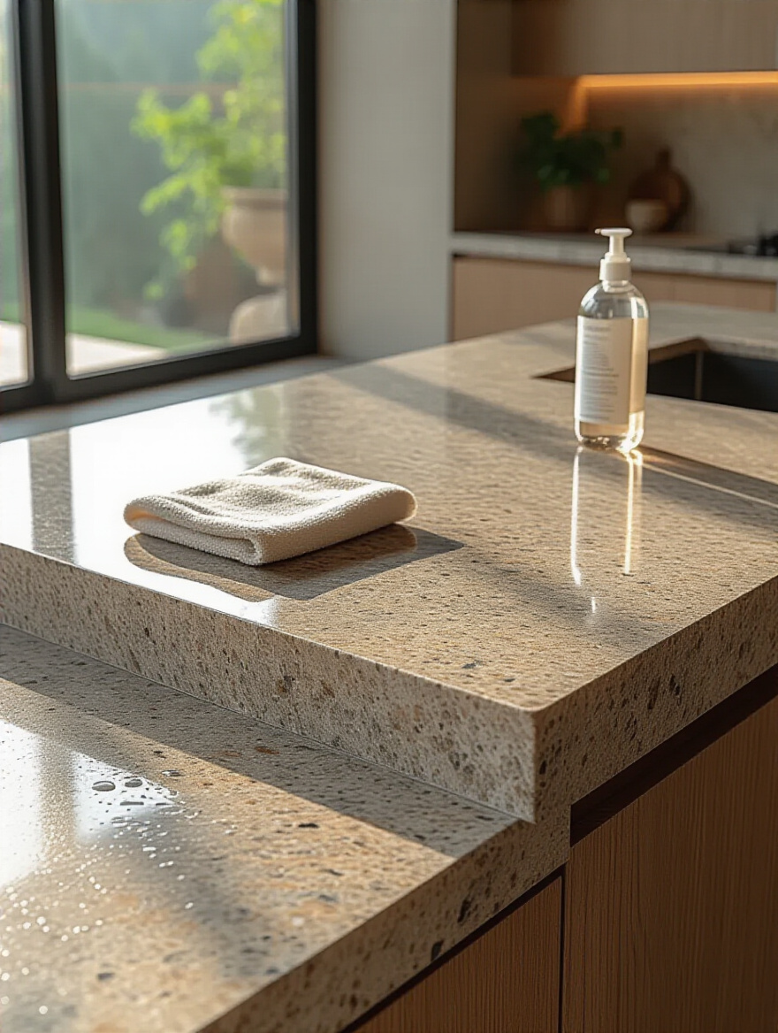 Portrait of a modern kitchen island with a freshly sealed porous stone surface and water beading.