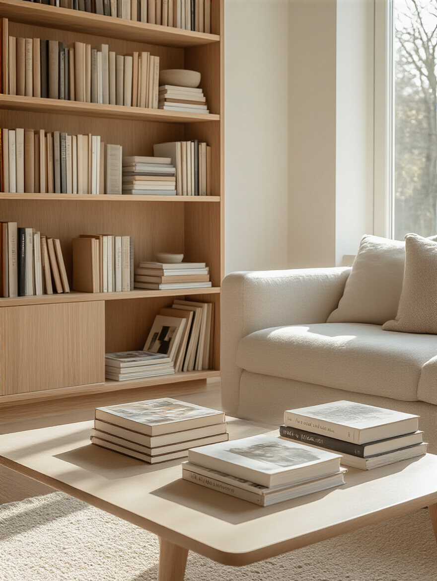 Simple living room with books and magazines arranged vertically and horizontally on a bookshelf and coffee table, demonstrating neatness and organization.