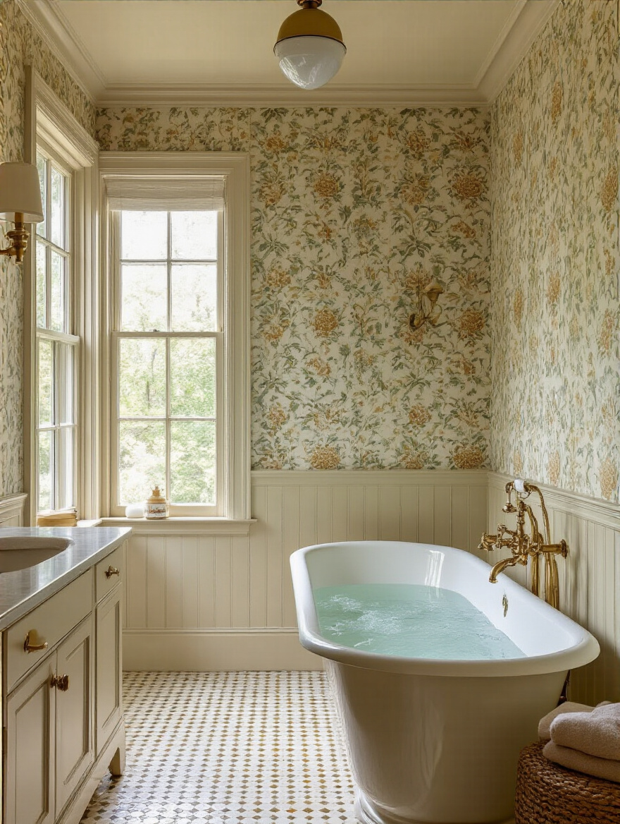Vintage bathroom interior with delicate wallpaper and visible ventilation details