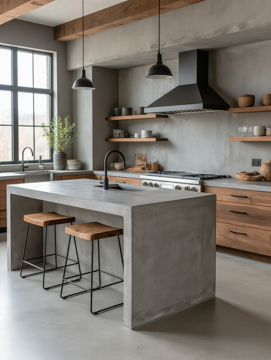 Portrait of a modern industrial kitchen island with concrete countertop