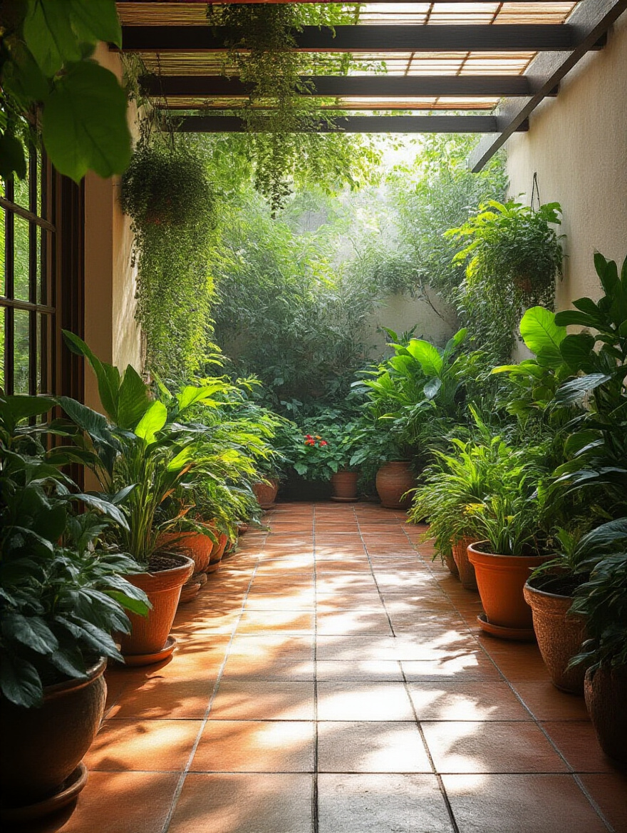 A thriving patio garden with various potted plants perfectly matched to their climate zone, illustrating successful plant resilience and an abstract hardiness zone pattern integrated into the patio design.