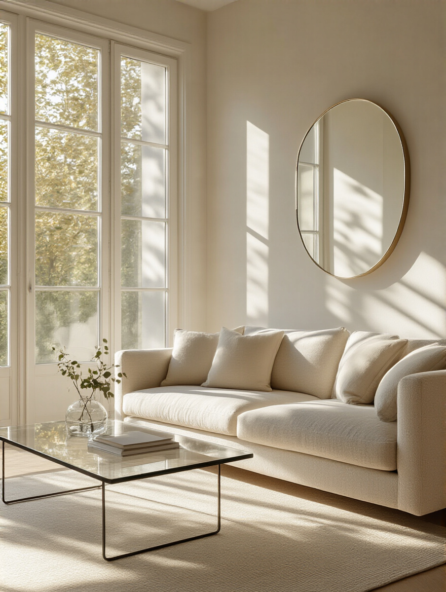 A bright and serene living room flooded with natural light, featuring light-colored furniture, sheer curtains, and a mirror reflecting sunlight, illustrating how to maximize brightness.