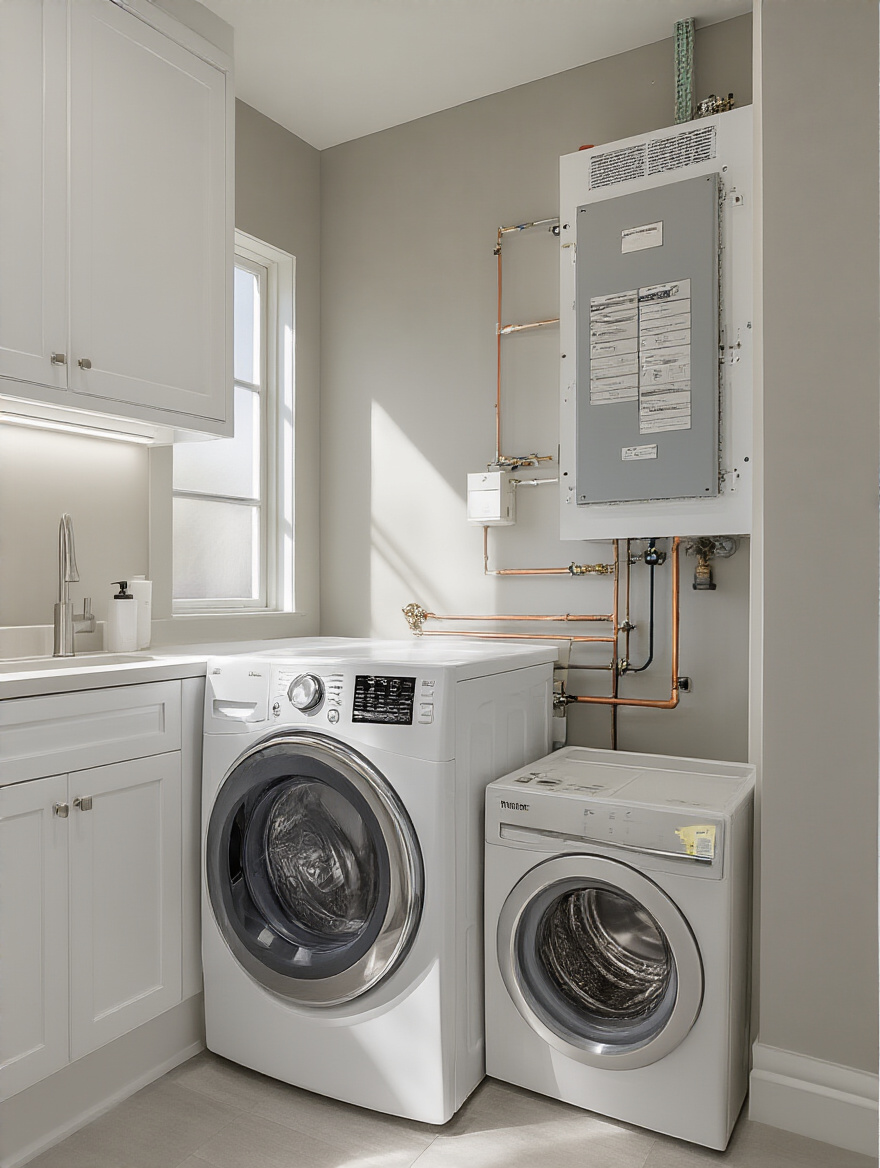 Portrait of a future-proofed laundry room with upgraded plumbing and electrical infrastructure.