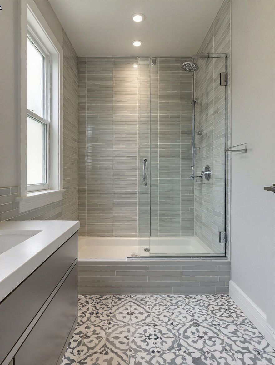 Portrait of a modern bathroom with a deliberate tile layout to optimize space and light.