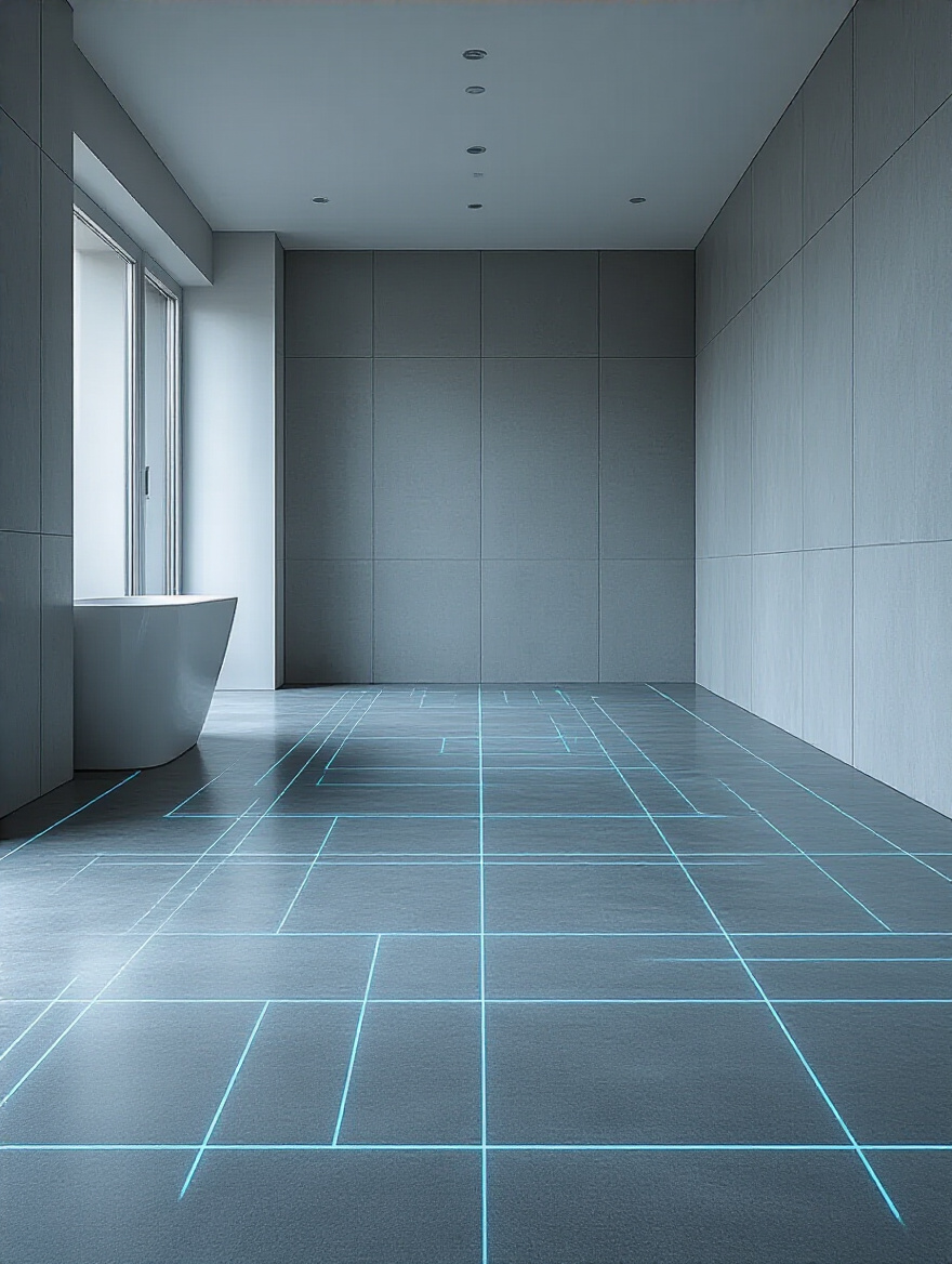 A bright, empty modern bathroom floor with subtle blue lines indicating optimal bathroom layout assessment and potential space utilization during a remodel.