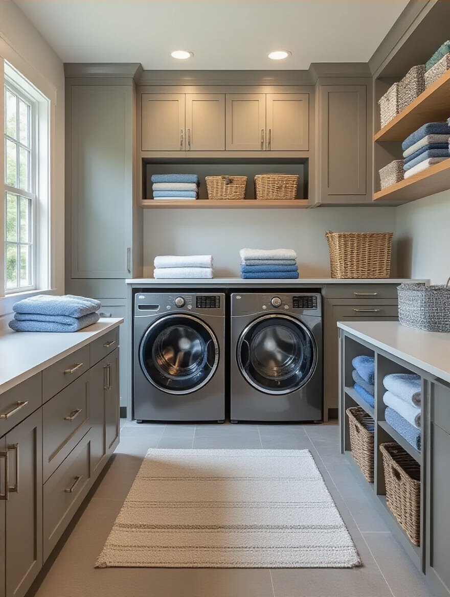 Organized laundry workspace with sorting bins, folding counter, and labeled storage.