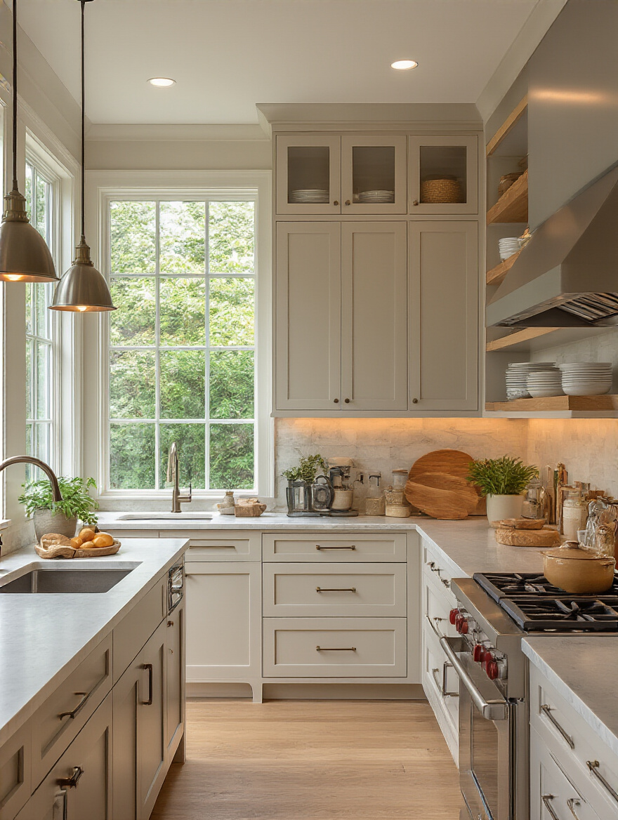 Portrait of a modern kitchen layout emphasizing ergonomic cabinet placement