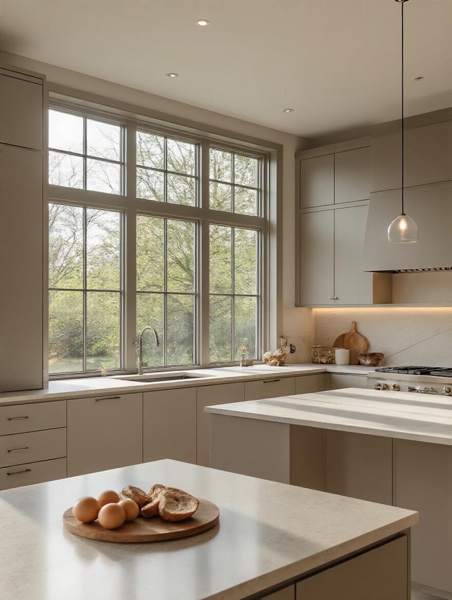 Vertical modern kitchen showing natural daylight and balanced lighting
