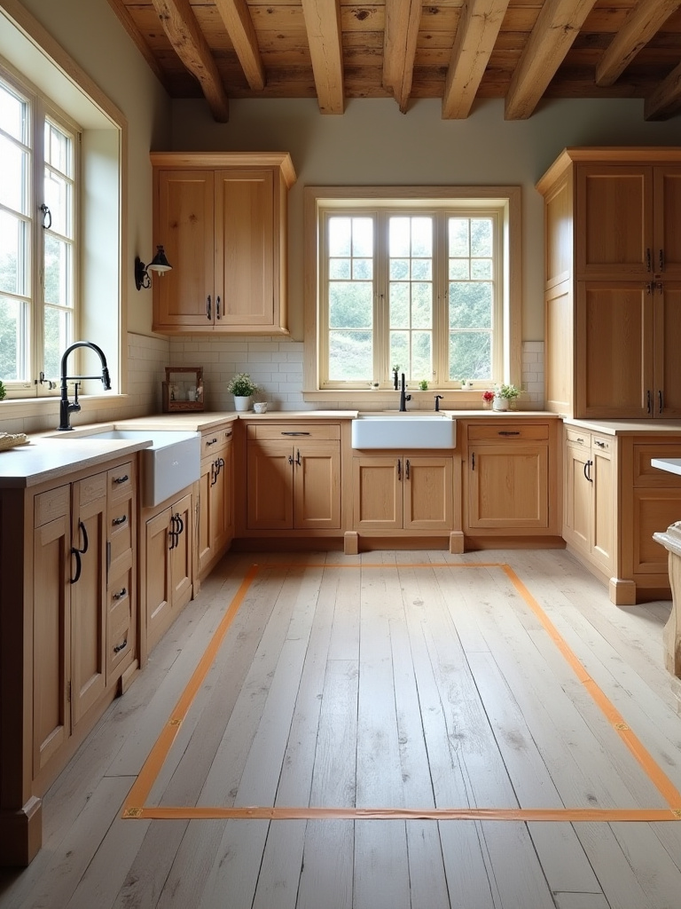 A spacious rustic kitchen with warm wooden cabinets, a farmhouse sink, and wooden floors. Light painter's tape outlines the footprint of a future kitchen island, demonstrating how to assess the kitchen's layout for optimal island placement and flow.