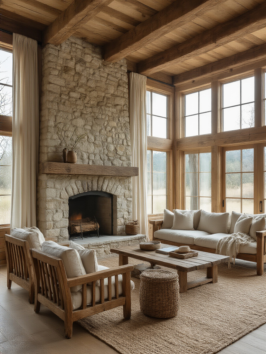 Portrait view of a rustic living room showing exposed beams, stone fireplace, and daylight-filled windows