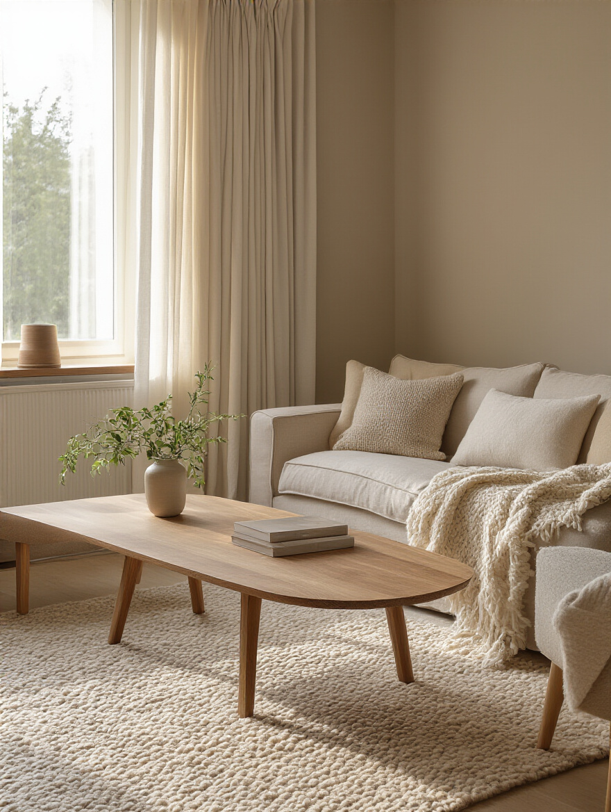 Portrait of a cozy living room with natural light and defined seating zones