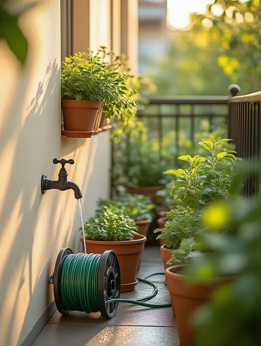 Portrait view of balcony watering setup with accessible water source and drip irrigation