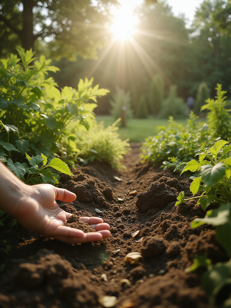 A serene backyard scene with healthy plants under dappled sunlight, a hand subtly examining soil, representing a comprehensive backyard conditions assessment for optimal plant health.