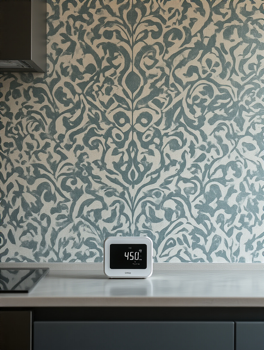 Vertical shot of a modern kitchen wall with wallpaper and a small hygrometer